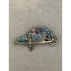 Vintage Gold-Toned‎ Wheelbarrow Floral Brooch Pin Gardener 2" X 1.25"